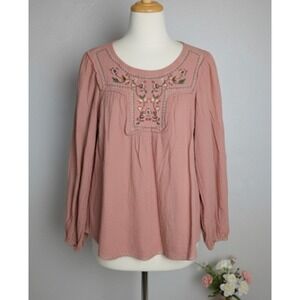Max Studio Blouse Womens Medium‎ Pink Embroidered Floral Boho Top Long Sleeve